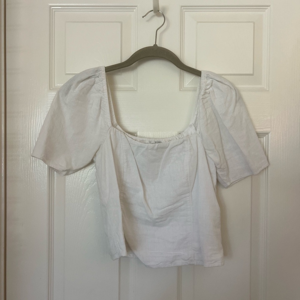 Abercrombie & Fitch White Puff Sleeve Square Neck Top